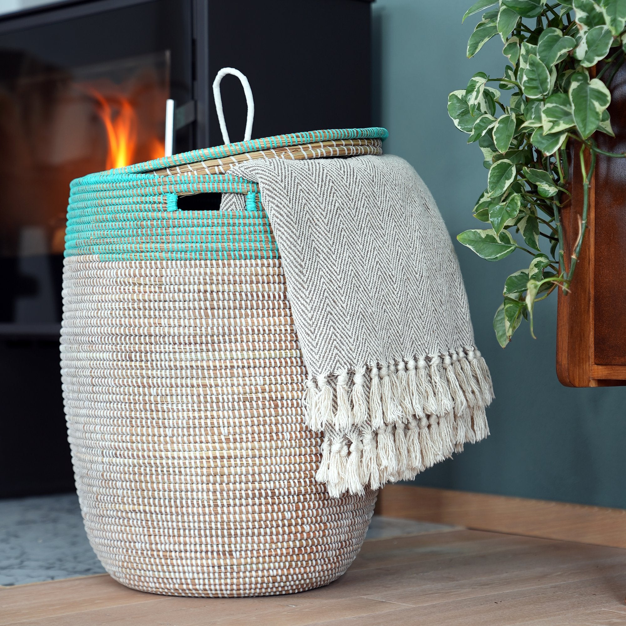 African Laundry Baskets with Flat Lid - Turquoise