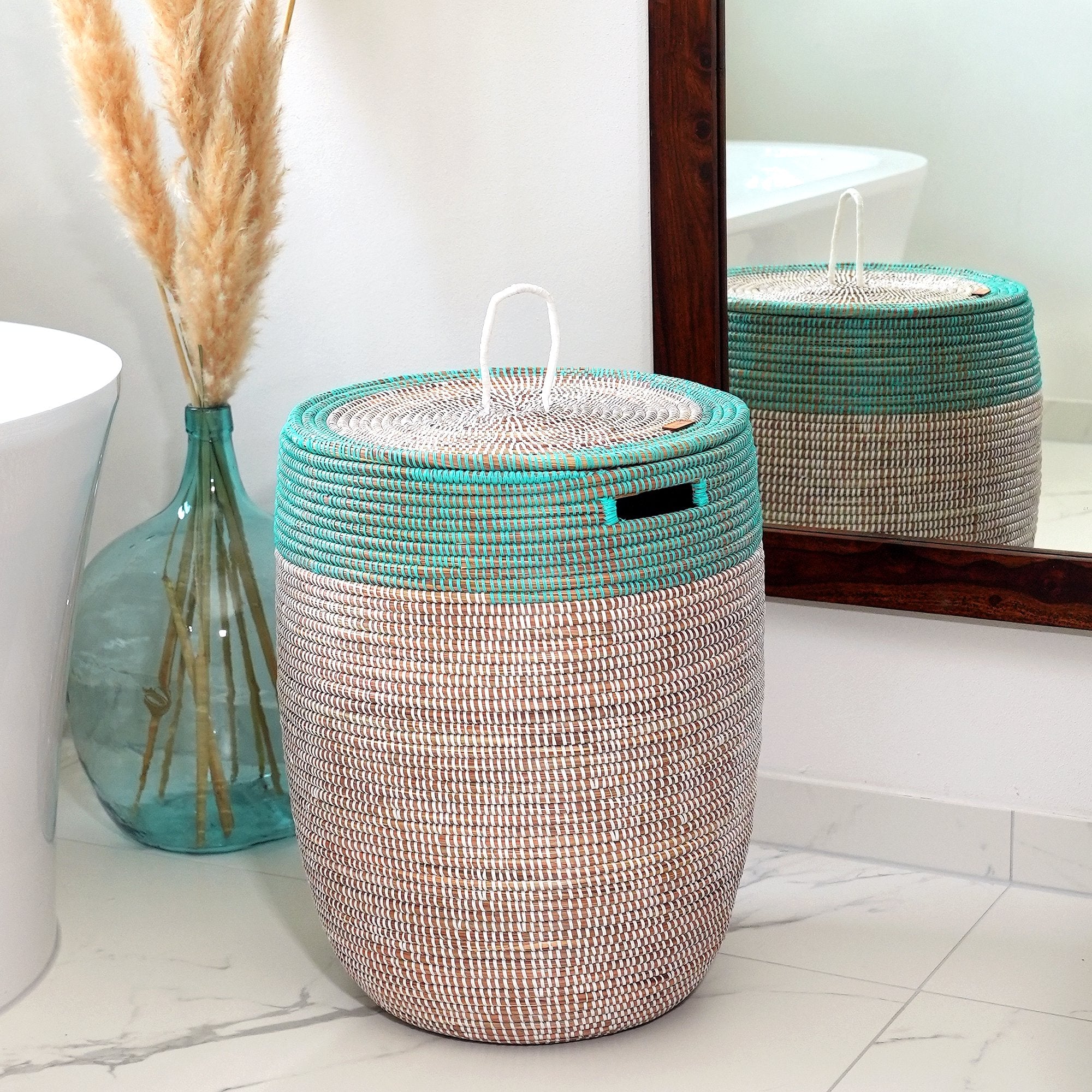 African Laundry Baskets with Flat Lid - Turquoise