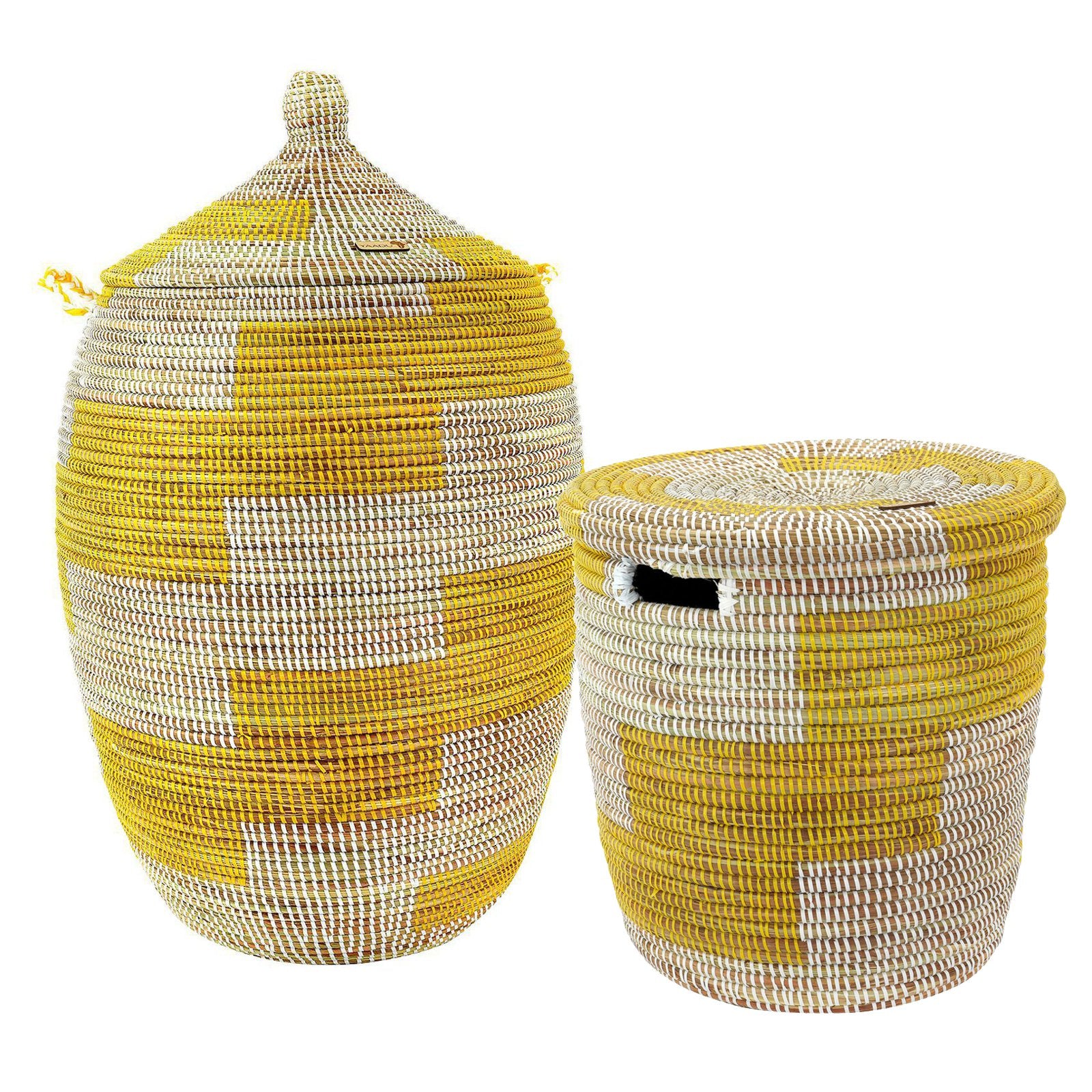Set : Paniers à linge africains avec couvercles - jaune/blanc